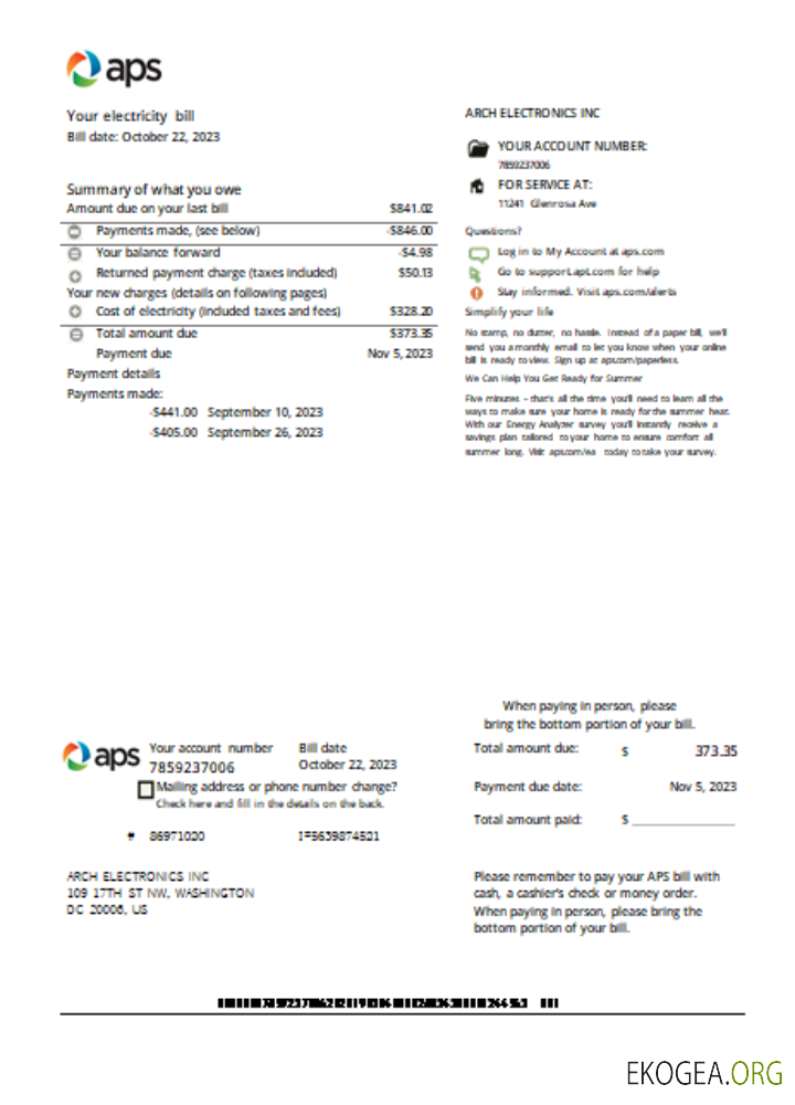 Arizona APS preuve d'adresse électrique facture d'entreprise de services publics SCR